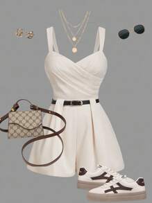 SHEIN MOD Plus Size Apricot Wrap-Style Sleeveless Jumpsuit With Belt Decoration..Romper With Belt. Short Romper. Cream Outfit Women. Dress Romper,Back To School - Apricot - View 1