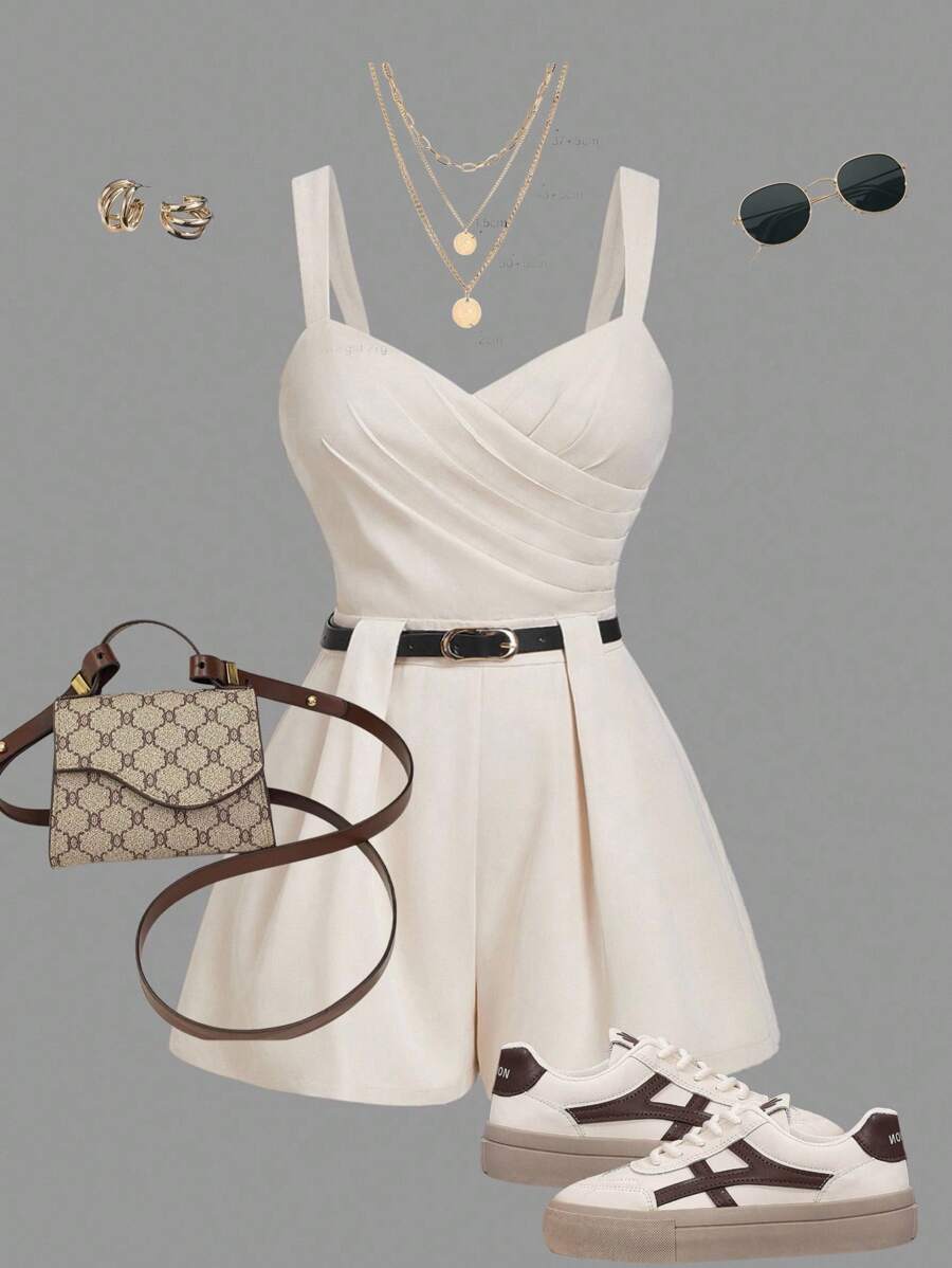 SHEIN MOD Plus Size Apricot Wrap-Style Sleeveless Jumpsuit With Belt Decoration..Romper With Belt. Short Romper. Cream Outfit Women. Dress Romper,Back To School - Apricot - View 1