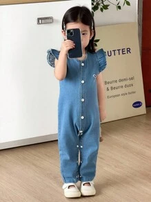 SHEIN Baby Girl Cute Fashion Bow Embroidery Blue Denim Overalls, Suitable For Daily Wear, Gatherings, Parks, Vacations - Blue - View 4