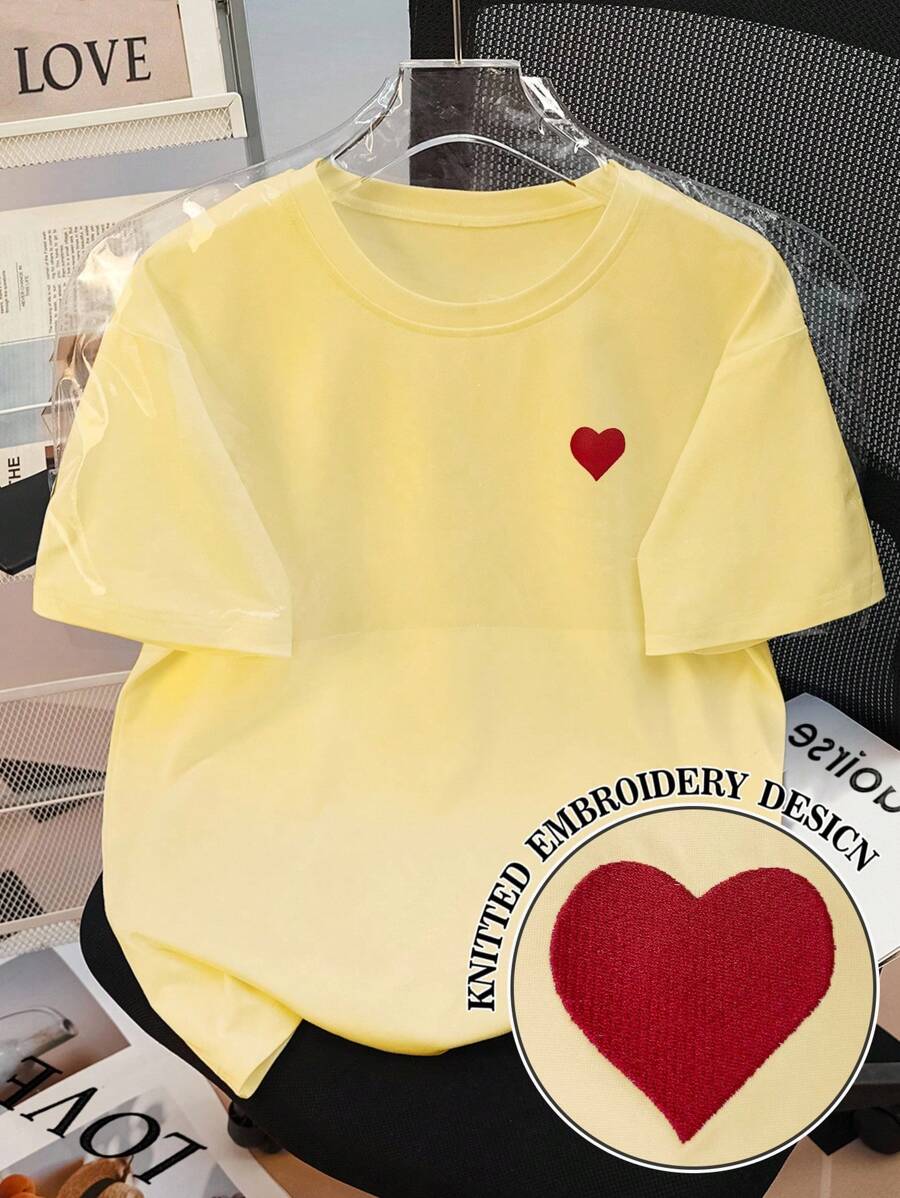 INAWLY Women's Loose Fit Heart Embroidered Graphic Short Sleeve T-Shirt, Popular Design - Mustard Yellow - View 1