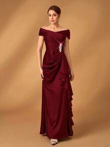 Serin Elegant Satin Off Shoulder Pleated A-Line Asymmetric Ruffle Hem Dress, Suitable For Evening Party, Gala, Wedding, Bride Mother Formal Wear