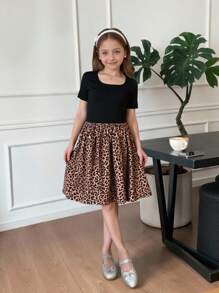 SHEIN Serisse Kids 青少年女孩休闲时尚百搭针织拼接豹纹方领短袖束腰紧身连衣裙，适合周末和休闲外出，秋冬季 - 黑色 - 查看 8