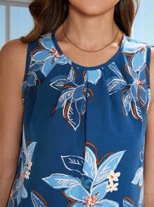 SHEIN Clasi Women's Blue Floral Print Sleeveless Blouse With Pleated Front - Multicolor - View 7