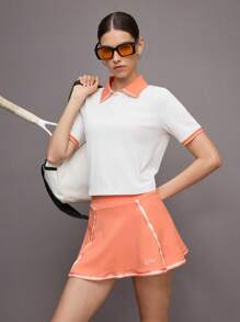 Activina 女式字母印花口袋休闲健身运动裙裤 - 橘色 - 查看 7