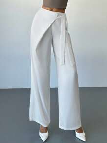 Firerie Women's Elegant Loose Straight Leg Pants, Satin Fabric, Tie Waist, Versatile Casual/Business Wear, Fall, Back To School, Old Money Style, Office - White - View 6