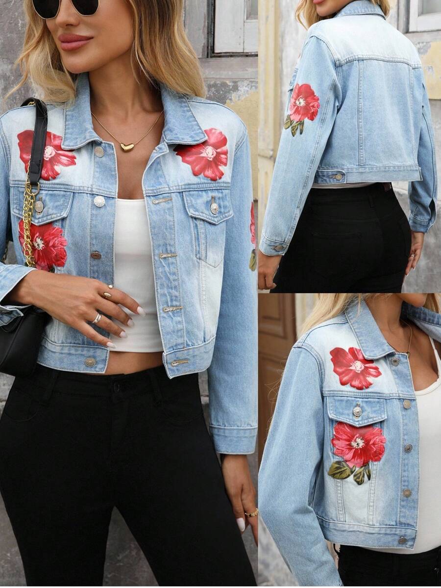 EMERY ROSE Mature Denim Women's Casual Street Floral Print Turndown Collar Button Front Crop Denim Jacket - Blue - View 1