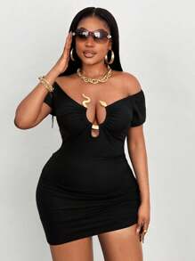 Maweii Plus Size Women's Metallic Snake Skin Asymmetric Hem Side Ruched Tie Waist Dress