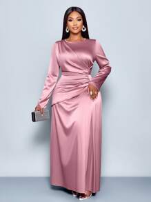 SOLERSUN Women's Elegant Solid Color Ruched Side Satin Bodycon Dress,Suitable For Dating Party Maxi Women Outfit Fall Cloth For Women