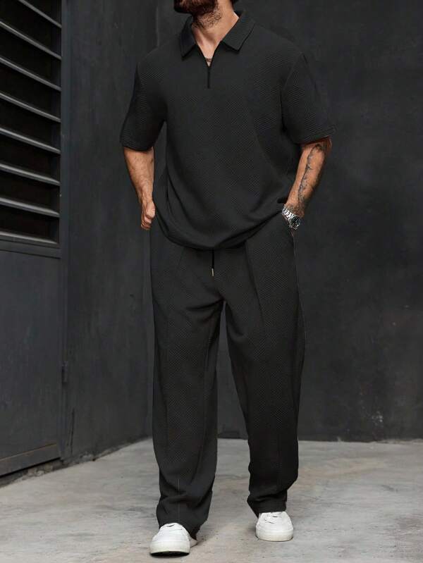 Manfinity Homme Plus Size Men's Solid Color Short Sleeve Polo Shirt And Pants Casual Suit