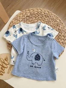 寶寶男孩可愛大象印花夏季休閒、舒適、親膚短袖短褲針織家居四件套裝 - 淺藍色 - 查看 6