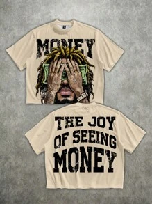 Manfinity EMRG 男士休闲街头风格字母与肖像图案宽松 T 恤，夏季 - 卡其色 - 查看 1