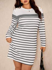 Elaquor Robe décontractée à manches longues, col rond, rayée, avec boutons, pour femmes grandes tailles - Noir et Blanc - Voir 6