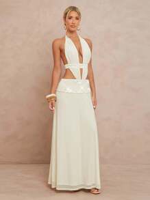 Lumalex 秋季节日派对狂欢节郊游夏季假期优雅复活节波西米亚风海滩热门户外丰富层次婚礼季节宴会成人仪式海滩海滨刺绣装饰露背褶皱连衣裙女士白色派对女士奶油色优雅 - 白色 - 查看 8