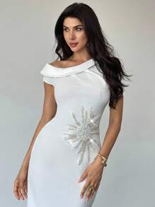 Firerie فستان أبيض كاجوال أنيق للنساء، مزين بالترتر، كتف مكشوف غير متماثل/ملابس نسائية للخريف/ملابس للذهاب إلى العمل/ملابس المعلمات/ملابس للعودة إلى المدرسة/ملابس الطبقة المتوسطة/ملابس كاجوال للعمل/ملابس مكتبية للنساء/ملابس للحفلات البيضاء - الأزرق - مشاهدة 2