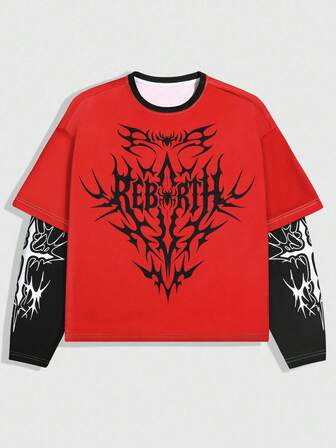 Goth Camiseta de manga larga con cuello redondo y estampado de moda 2 en 1 para hombre, otoño, estilo de los 2000