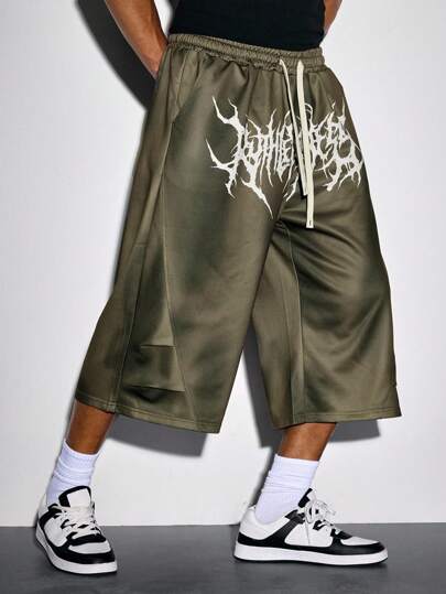 Herren Gothic Buchstaben Muster Kordelzug Taille Weites Bein Loose Jogginghose, Halloween