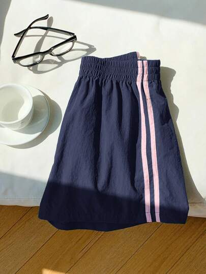 Comfortcana 女式海军蓝侧条纹松紧腰宽松休闲运动短裤