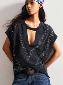 Bohemela Koszulka z krótkim rękawem i luźnym nadrukiem w dużym rozmiarze - Czarne - Zobacz 1