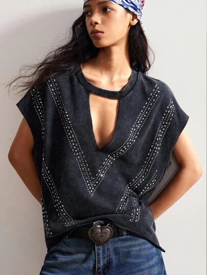 Bohemela Women's Casual Lock Collar Rhinestone Decor Fashion T-Shirt Western Wear Women Tops Rhinestone Top