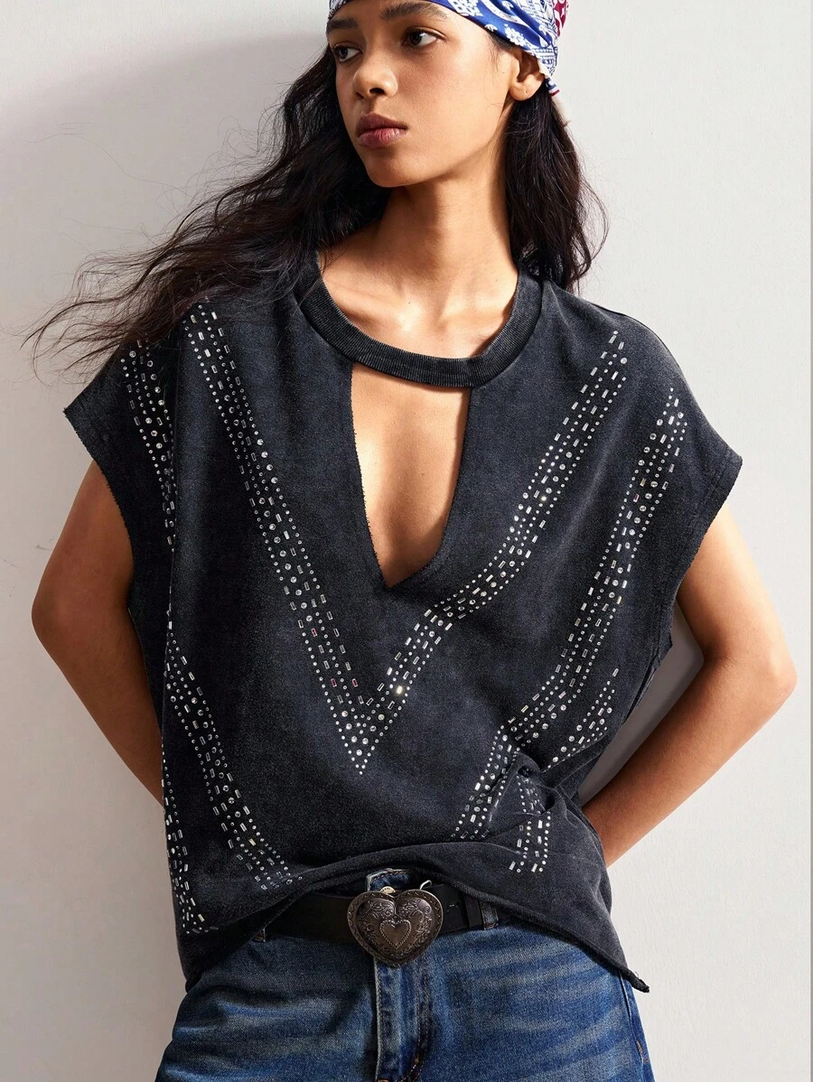 Bohemela Koszulka z krótkim rękawem i luźnym nadrukiem w dużym rozmiarze - Czarne - Zobacz 1