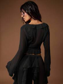 MISSGUIDED Long Sleeve Ruffle Blouse Cropped V Neck Summer Beach Boho Festival Occasion Top With Adjustable Front Tie Sheer Sleeves Flowy Chiffon - Black - View 2