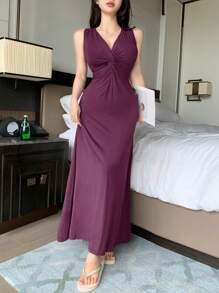DAZY Đầm dài không tay thiết kế đan xoắn màu trơn tối giản dành cho nữ mặc nhà - Màu tím - Xem 5