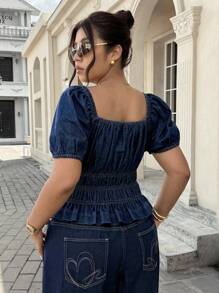 SHEIN ICON Plus Size Women Ruched Square Neckline Short Puff Sleeve Fashionable Blouse