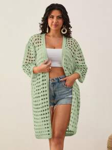 EURMUSE Drop Shoulder Open Knit Duster Cardigan - Mint Green - View 1