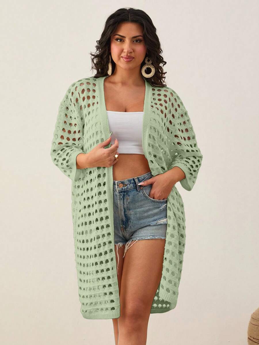 EURMUSE Drop Shoulder Open Knit Duster Cardigan - Mint Green - View 1