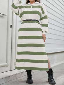 EURMUSE Plus Size Two-Tone Striped Pattern Drop Shoulder Loose Half Zip Up Oversized Sweater Dress - Mint Green - View 4