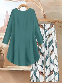 Rusticease 2 件套女士宽松圆领长袖上衣和裤子套装，夏季服装