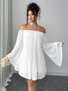 Elenzga 大码女式褶皱露肩宽松直筒连衣裙，休闲简约优雅，适合日常穿着，浪漫度假