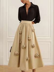 Aveloria 法式复古松紧腰3D花卉装饰A字中长裙 - 卡其色 - 查看 1