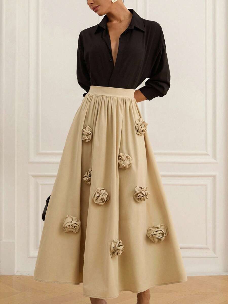 Aveloria 法式复古松紧腰3D花卉装饰A字中长裙 - 卡其色 - 查看 1