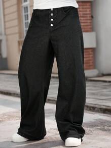 Manfinity Homme جينز أسود بنمط زر بسيط ومتناقض، جلد طبيعي - الأسود - مشاهدة 6