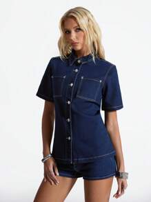 SHEIN Unity Plain Color Front Button Pocket Relaxed Short Sleeve Denim Jacket - Blue - View 6