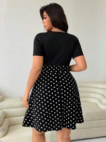 Solflare Plus Size Polka Dot Patchwork Casual Vacation Dress, Spring/Summer,Back To School,Teacher Outfits,Polka Dot Black And White Polka Dot Dress Plus Size Black And White Dress Women Black And White Dress,Holiday Outfits For Women Plus Size Black And White Polka Dot Dress,Short Sleeve Wrap A-Line Black And White Polka Dot Dress For Women