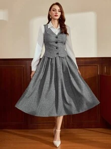 Vintamour Conjunto de traje de mujer vintage clásico y elegante con Top tipo chaleco, falda acampanada con bolsillos - Gris - Ver 4