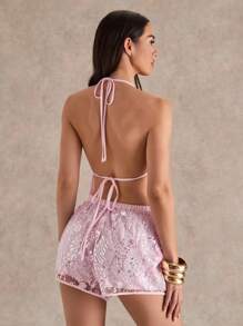 Glamine 夏季性感露背亮片吊带背心，约会度假必备，粉色亮片上衣，亮片吊带上衣，粉色夜店风，3D立体花卉亮片刺绣面料，海滩风，海滩周末，轻松惬意，欧式夏季，细肩带上衣，派对必备，度假必备，时尚之选 - 粉色 - 查看 3