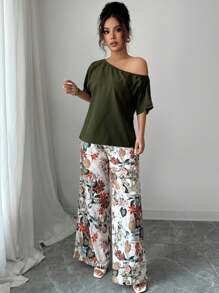 SHEIN VCAY 2pcs/Set Women's Vacation Solid Color Asymmetrical Neck Blouse And Floral Print Pants Casual Suit - Army Green - View 8