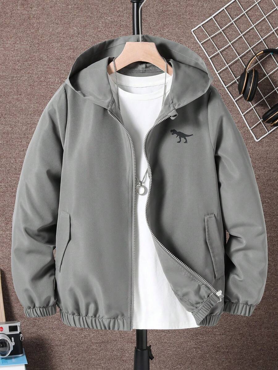 SHEIN 青少年男孩休闲街头日常恐龙印花拉链连帽夹克