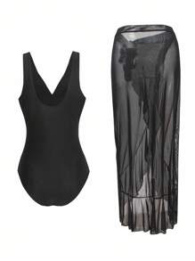 Swim Oasis Maillot de bain une pièce pour femme avec encolure en V et robe longue en maille de plage, 2 pièces ensemble de bain