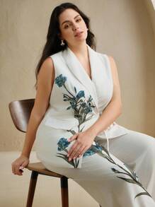Anewsta Blazer Elegante Sofisticado com Gola Elegante, Amarração na Cintura e Estampa Definida para Mulheres Plus Size - Branco - Visão 2