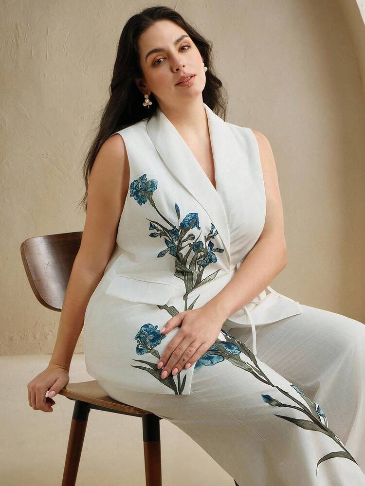 Plus Size Women's Elegant Sophisticated Elegant Collar Waist Tie Waist Defined Printed Blazer