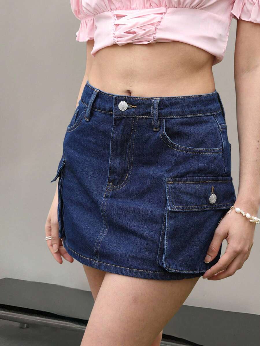 SHEIN ICON Women's Summer Solid Color Cargo Denim Skirt - Medium Wash - View 1