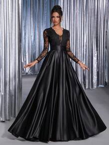 Glamrae Elegant, Luxurious Embroidered Applique Stretchy Lace Long Sleeve Satin Ruffle Maxi Dress With Train, Suitable For Wedding, Party, Singles Party, Vacation, Prom, Bridal Gown - Black - View 7