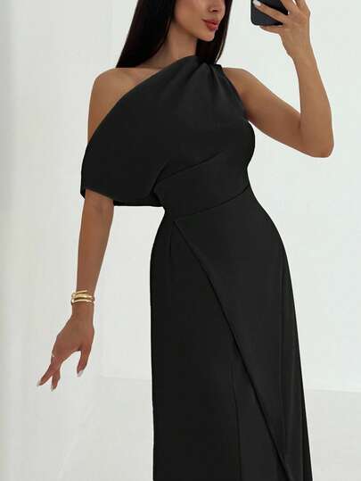 Aloruh Women's Solid Color Ruched Asymmetric Hem Dress,Elegant Dresses For Women,Fall Wedding Guest Dress