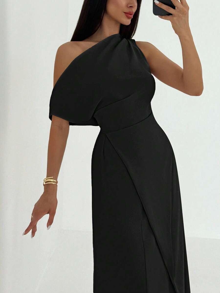 Aloruh Women's Solid Color Ruched Asymmetric Hem Dress,Elegant Dresses For Women,Fall Wedding Guest Dress - Black - View 1