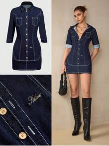 SHEIN BAE Damen Denim Kleid, elegant für Arbeit/Pendeln, gearbeiteter Denim, goldfarbene Stickerei-Details, Klassiker-Serie - Blau - Übersicht 1