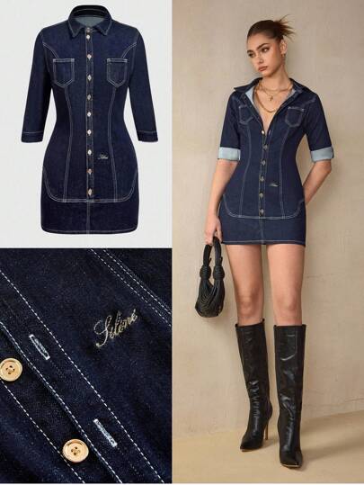 SHEIN BAE Women's Denim Dress, Elegant For Work/Commute, Crafted Denim, Gold Embroidery Detail, Classic Series